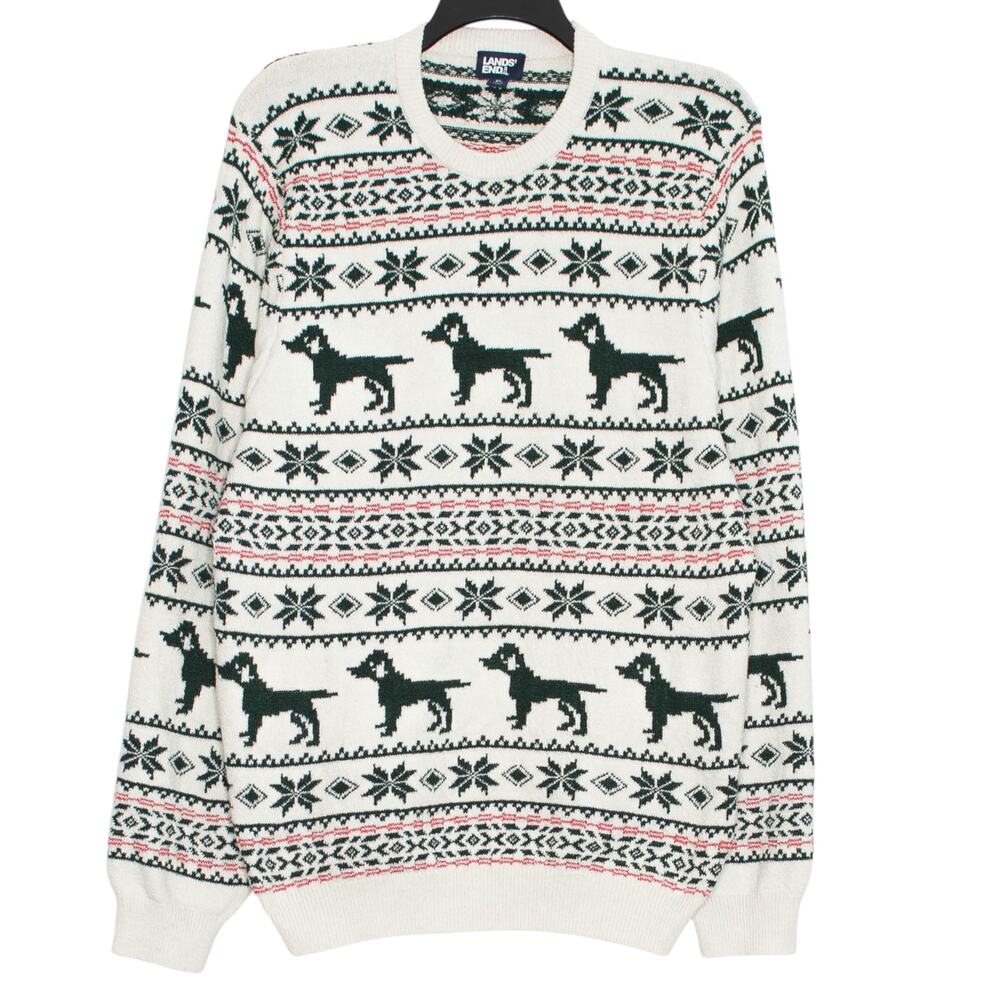 Lands End Ugly Christmas Sweater Fair Isle Dog Nordic Holiday Snowflake Cozy XL
